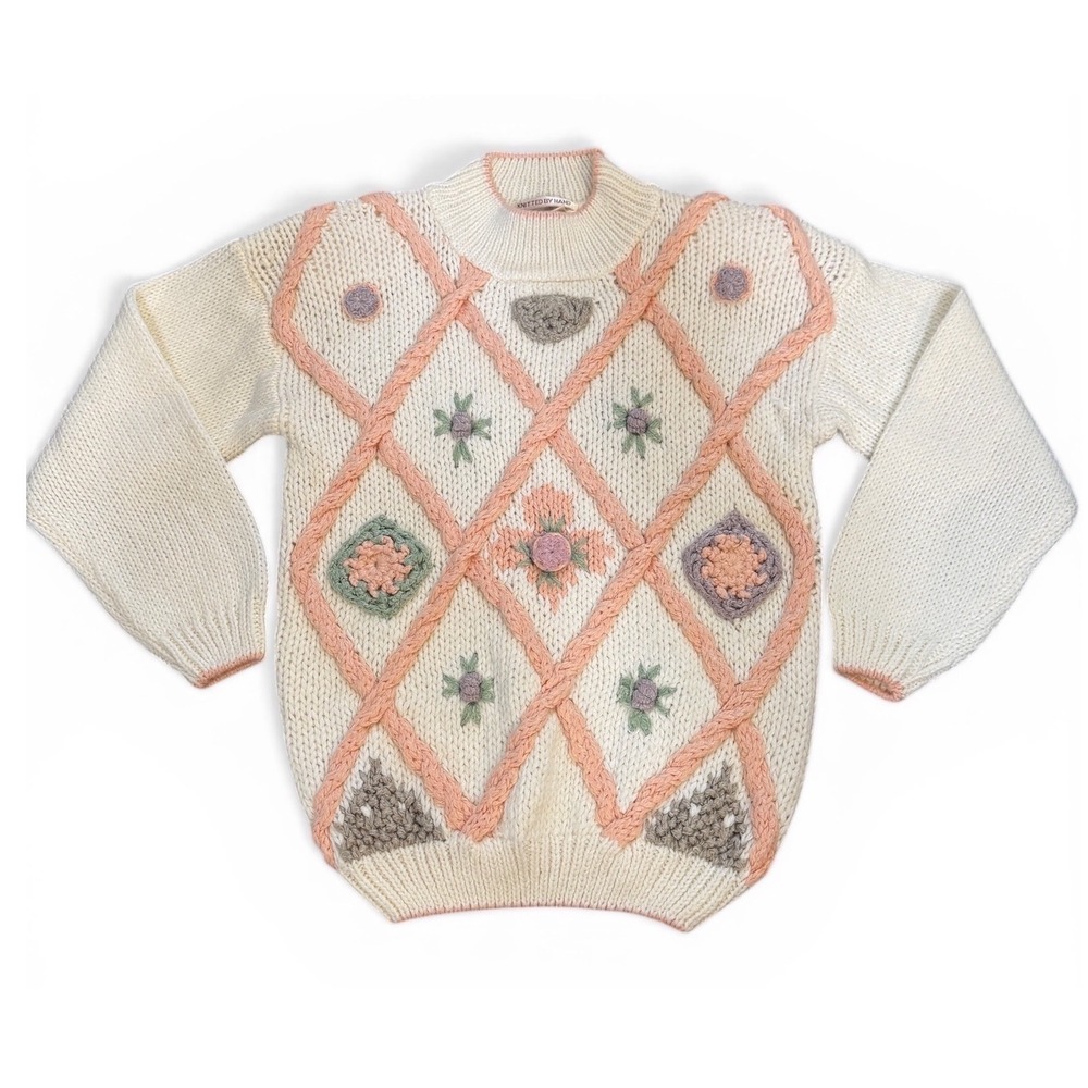 Vintage Huntington Ridge Hand Knitted Floral Crochet Sweater Cream Peach Women M